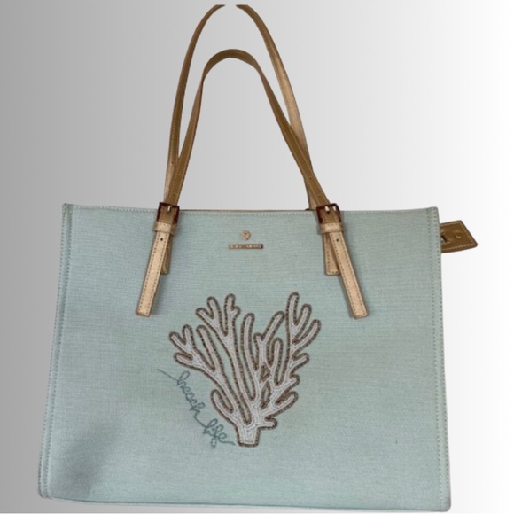 👜 Spartina 449 Beaded Coral Linen Tote Shoulder Bag - Picture 1 of 11